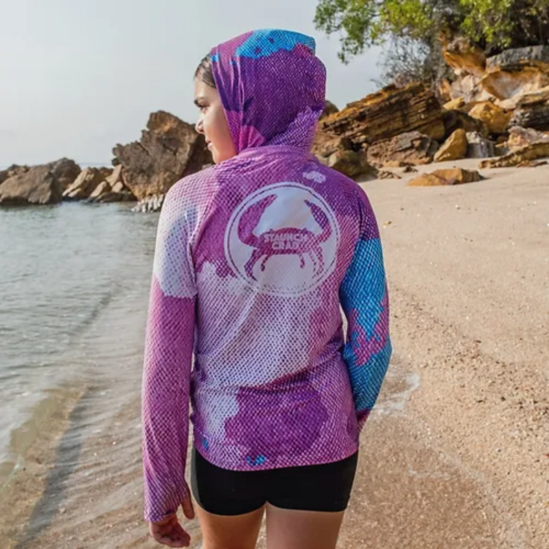 Load image into Gallery viewer, STAUNCH CRAB KIDS MAGENTA/BLUE HOODED UPF50+ LONG SLEEVE FISHING SHIRT [SZ:8]
