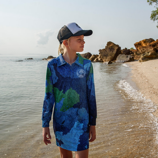 STAUNCH CRAB KIDS SINIK BLUE/GREEN COLLARED FISHING DRESS LONG SLEEVE [SZ:8]