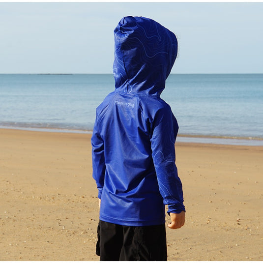 STAUNCH CRAB NAVY CONTOUR UPF50+ HOODED LONG SLEEVE FISHING SHIRT KIDS [SZ:2]