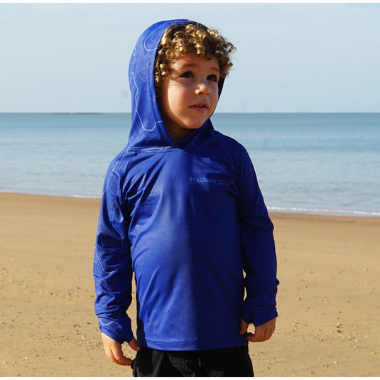 STAUNCH CRAB NAVY CONTOUR UPF50+ HOODED LONG SLEEVE FISHING SHIRT KIDS [SZ:4]
