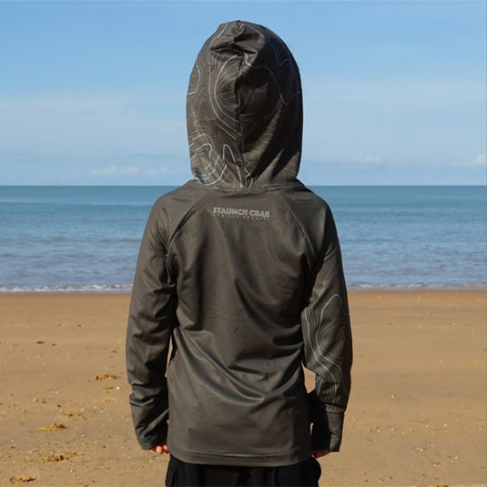 STAUNCH CRAB KIDS KHAKI CONTOUR HOODED UPF50+ LONG SLEEVE FISHING SHIRT [SZ:10]