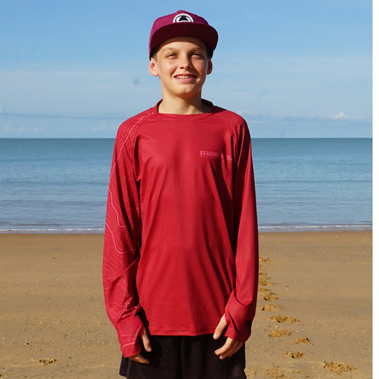 STAUNCH CRAB KIDS RED CONTOUR UPF50+ LONG SLEEVE FISHING SHIRT [SZ:14]