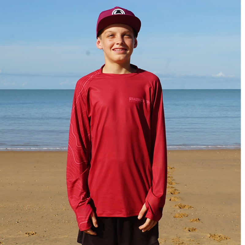 Load image into Gallery viewer, STAUNCH CRAB KIDS RED CONTOUR UPF50+ LONG SLEEVE FISHING SHIRT [SZ:14]
