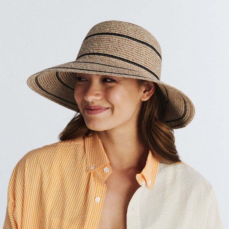 Load image into Gallery viewer, CANCER COUNCIL MARIAH BUCKET HAT BLACK / MIX CAMEL 58CM
