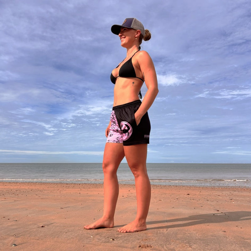 Load image into Gallery viewer, STAUNCH CRAB CHASE TO CHILL SHORTS BLACK &amp; PINK [SZ:SMALL]

