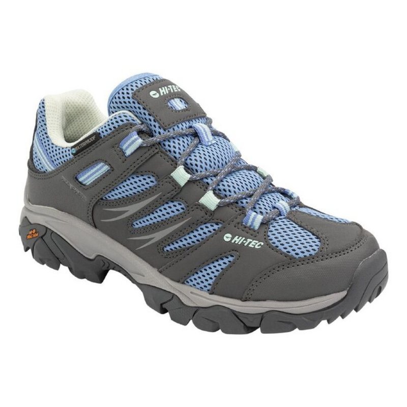 Load image into Gallery viewer, HI-TEC TARANTULA LOW WP HIKING SHOES WOMENS [CLR:GREY/CHARCOAL/CORNFLOWER SZ:9]
