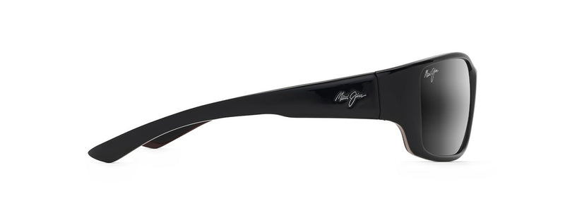 Load image into Gallery viewer, MAUI JIM LOCAL KINE SUNGLASSES SHINY BLACK WITH GREY AND MAROON THIN GLASS NEUTRAL GREY 
