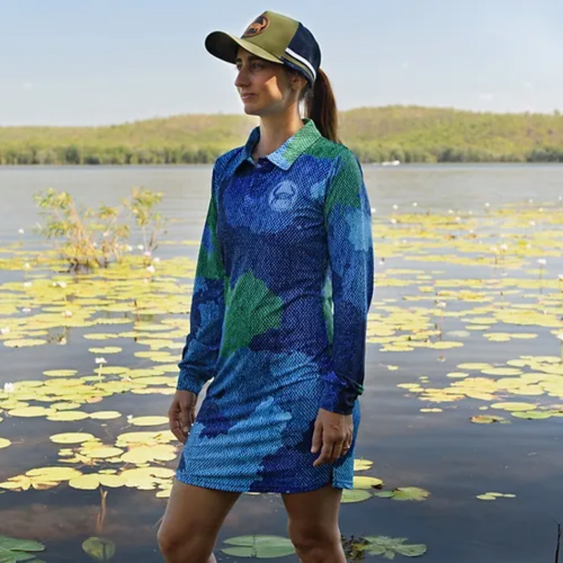 Load image into Gallery viewer, STAUNCH CRAB WOMENS SINIK BLUE/GREEN COLLARED FISHING DRESS LONG SLEEVE [SZ:X-SMALL]
