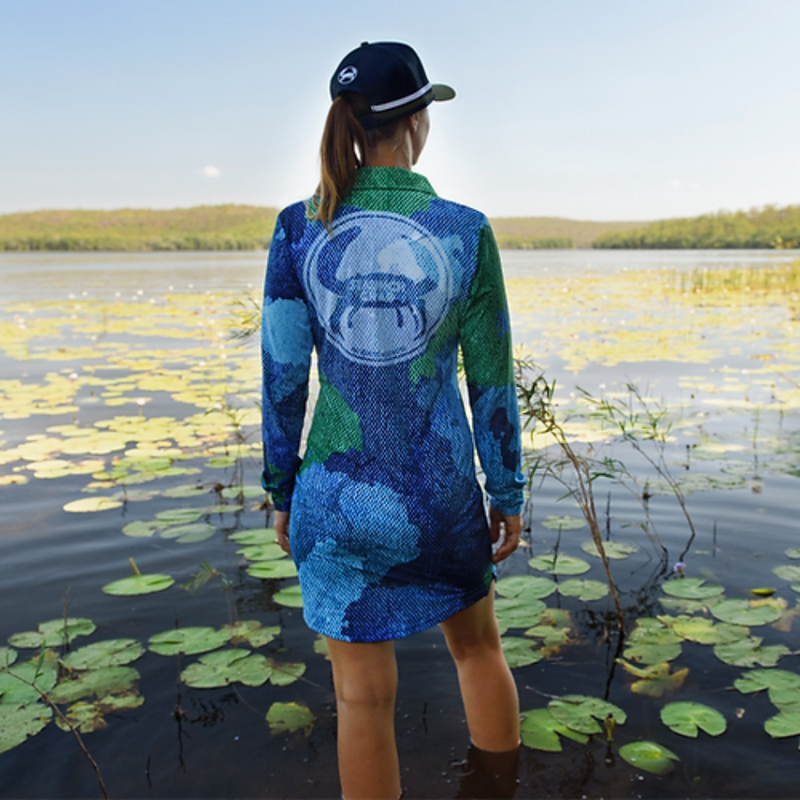 Load image into Gallery viewer, STAUNCH CRAB WOMENS SINIK BLUE/GREEN COLLARED FISHING DRESS LONG SLEEVE [SZ:X-SMALL]
