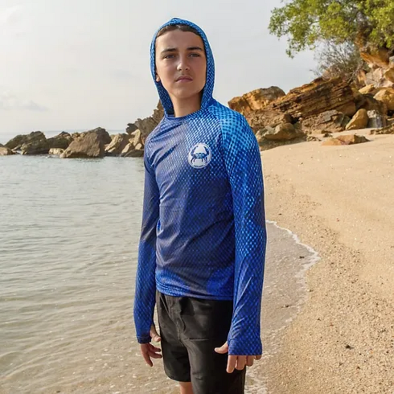 Load image into Gallery viewer, STAUNCH CRAB KIDS BLUE HOODED UPF50+ LONG SLEEVE FISHING SHIRT [SZ:0]
