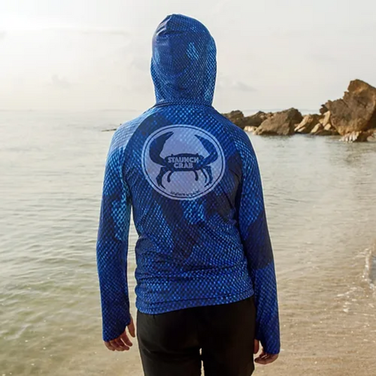 STAUNCH CRAB KIDS BLUE HOODED UPF50+ LONG SLEEVE FISHING SHIRT [SZ:0]
