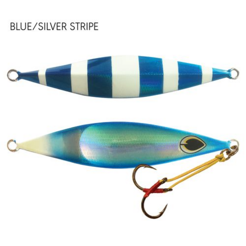 Load image into Gallery viewer, BLACK MAGIC FLIPPER JIG [SZ:80G CLR:BLUE/LUMO STRIPE]
