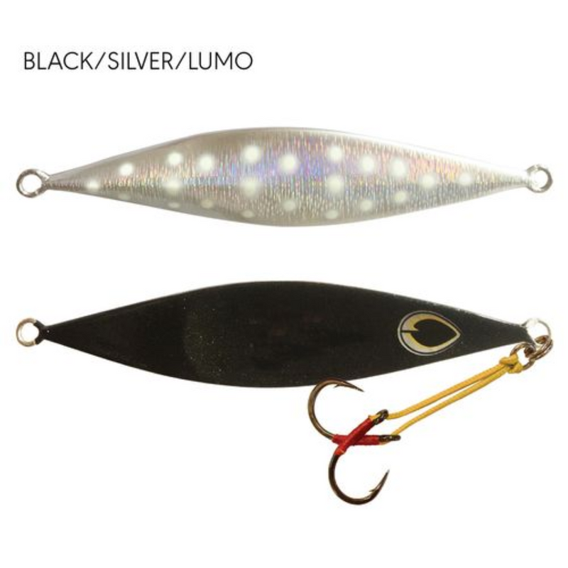 Load image into Gallery viewer, BLACK MAGIC FLIPPER JIG [SZ:80G CLR:BLACK/SILVER/LUMO]
