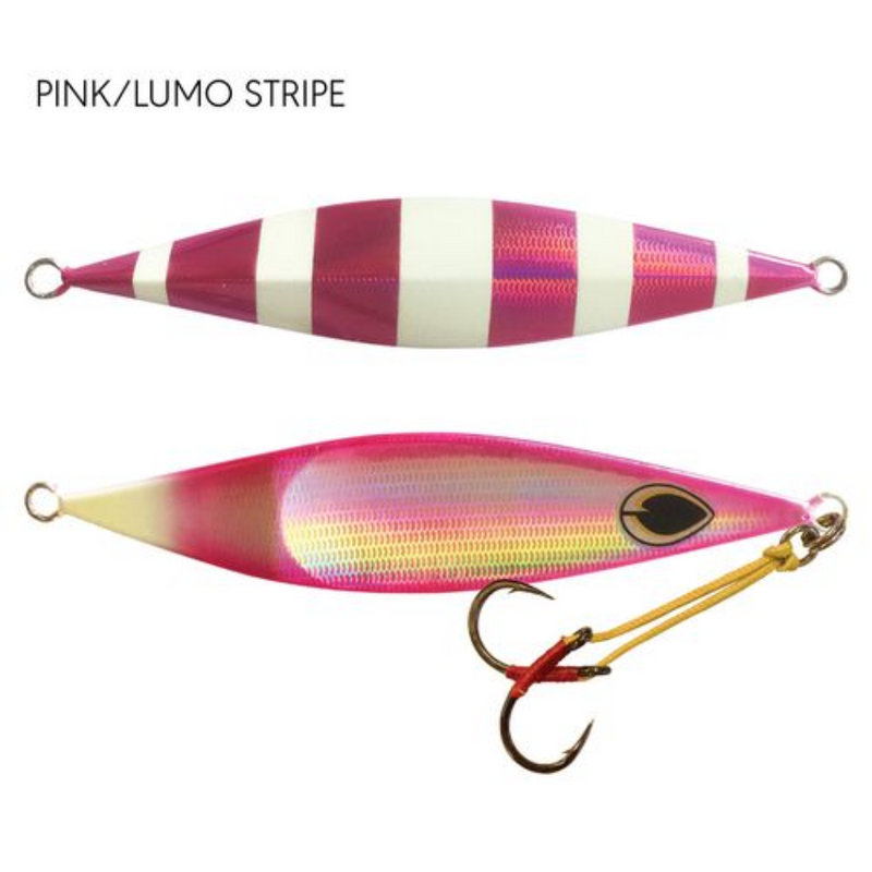 Load image into Gallery viewer, BLACK MAGIC FLIPPER JIG [SZ:80G CLR:PINK/LUMO STRIPE]
