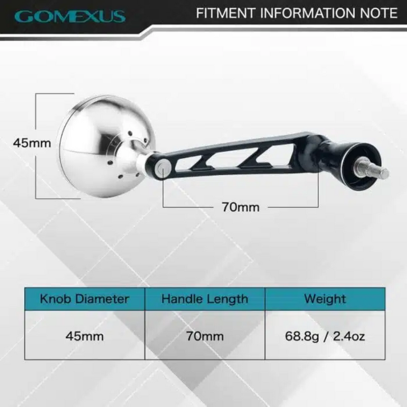 Load image into Gallery viewer, GOMEXUS 70MM ALUMINIUM HANDLE 45MM POWER KNOB BLACK &amp; SILVER SHIMANO

