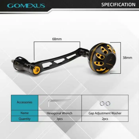 GOMEXUS 68MM ALUMINIUM POWER HANDLE 38MM KNOB DAIWA [CLR:BLACK & GOLD]