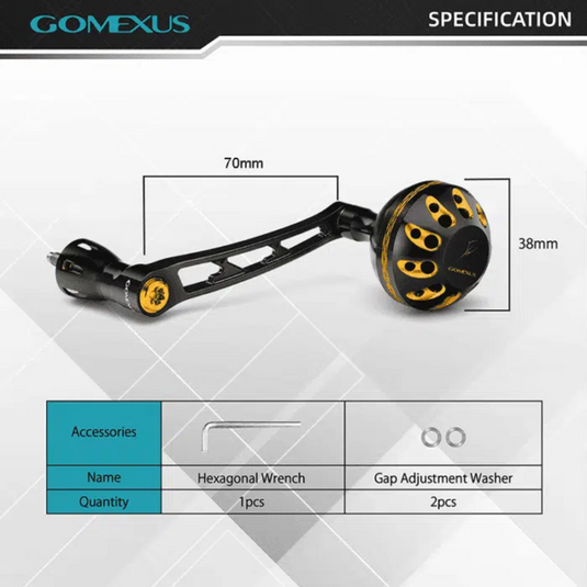 GOMEXUS 70MM ALUMINIUM POWER HANDLE 38MM KNOB SHIMANO [CLR:BLACK & GOLD]
